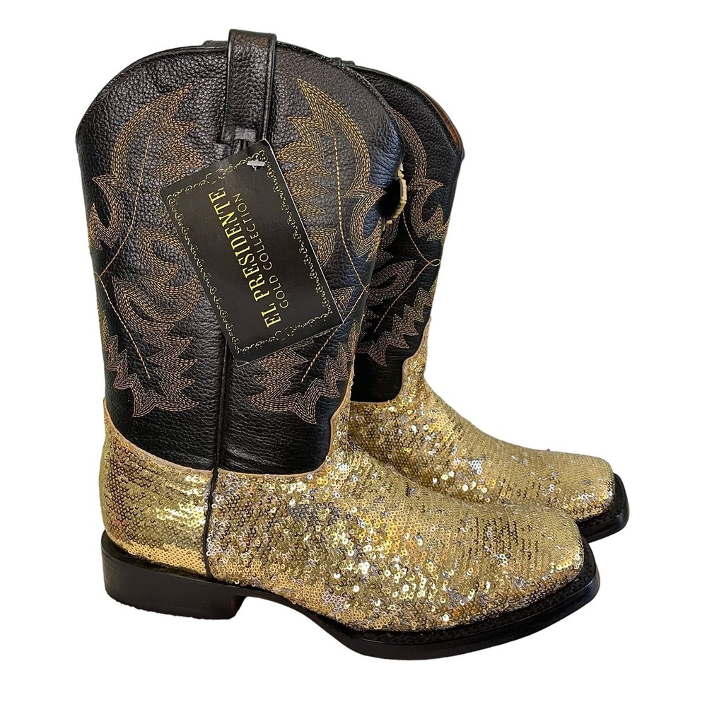 El Presidente Gold Black Leather Sequin Square Block Western Boots Size 10 NWT